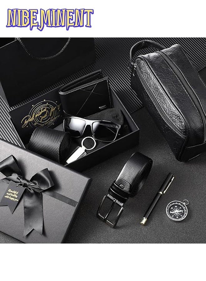 NIBEMINENT طقم هدايا عيد ميلاد للرجال مكون من 12 قطعة مع صندوق للرجال والآباء - محفظة من جلد PU، حقيبة أدوات جلدية، ربطة عنق، جورب، حزام، سلسلة مفاتيح، نظارات شمسية، قلم - Image 3